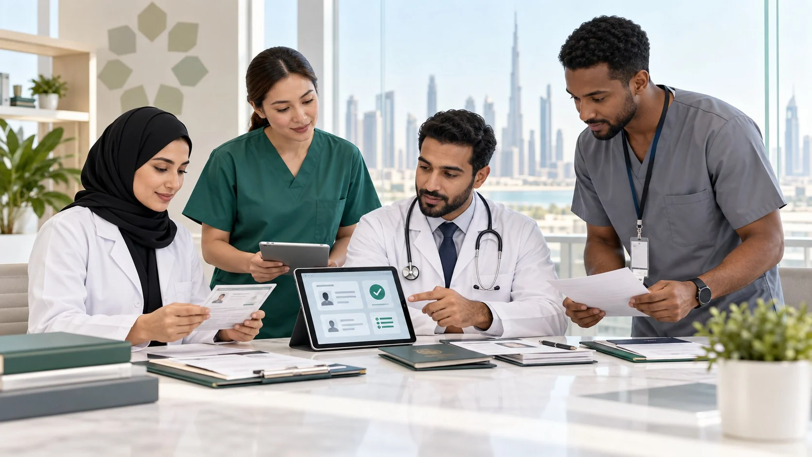 Healthcare professionals organizing a MOHAP evaluation and licensing application