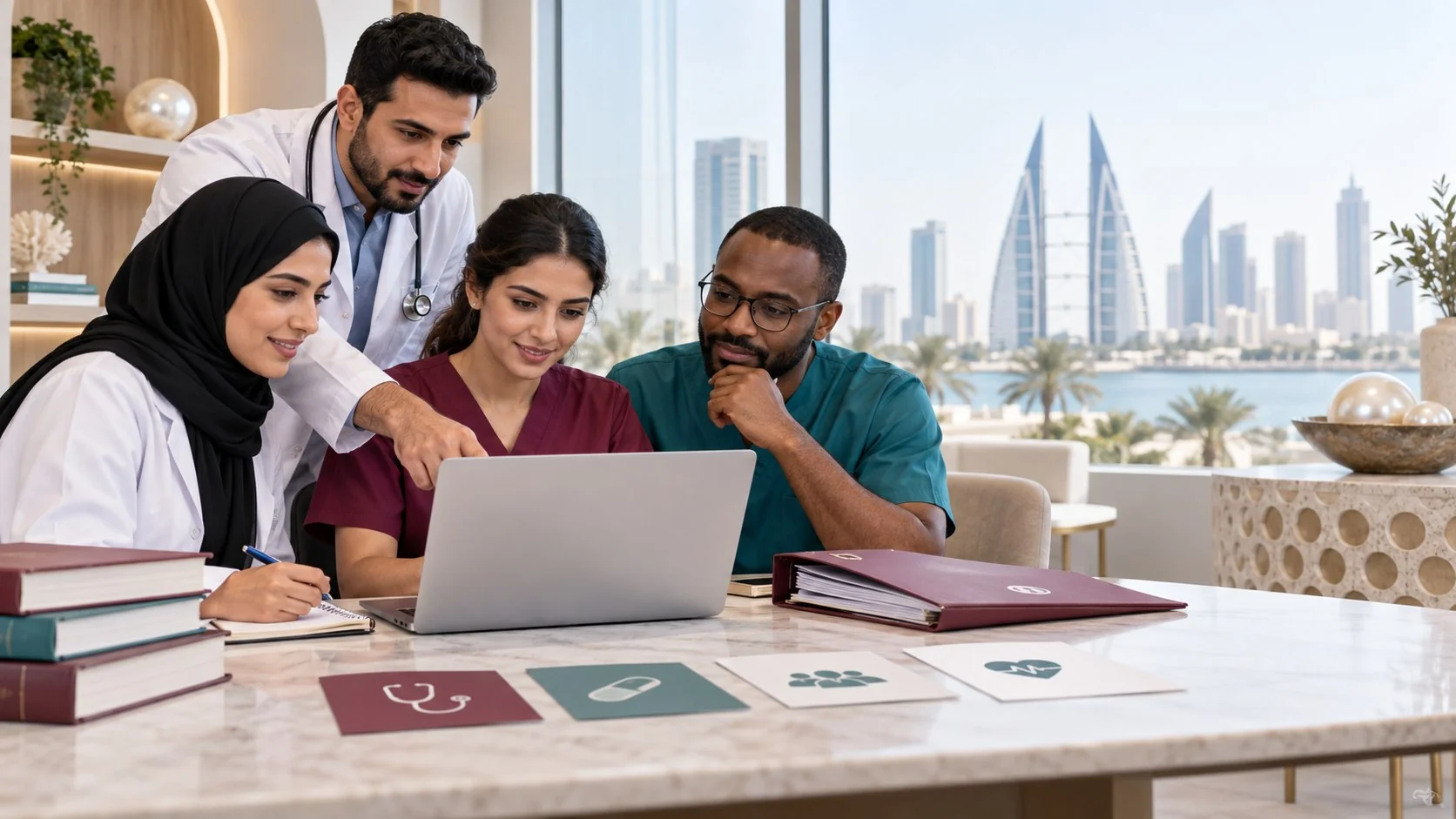Healthcare professionals preparing an NHRA Bahrain licensing application